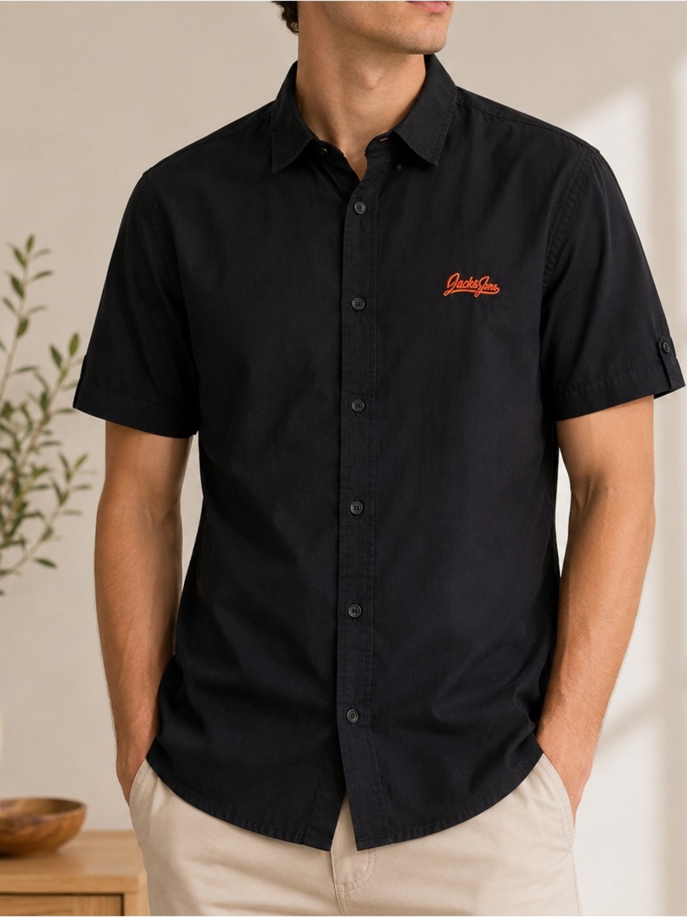 Jack & Jones Originals Strength 75 Button Front Shirt Men’s L Black Cotton Logo